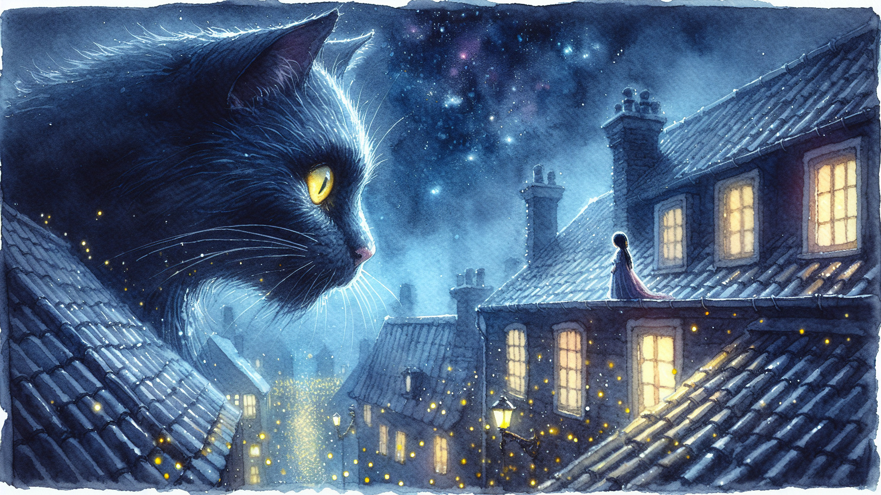 Colossal Black Cat Over Rooftops Under Starlit Sky