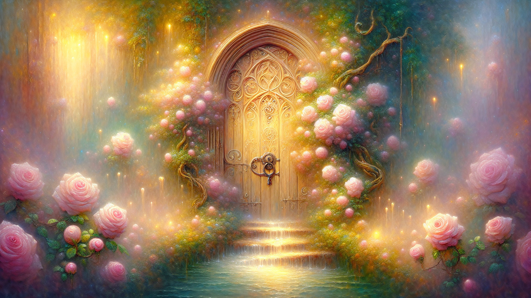 Whimsical Garden with Magical Door and Pink Roses