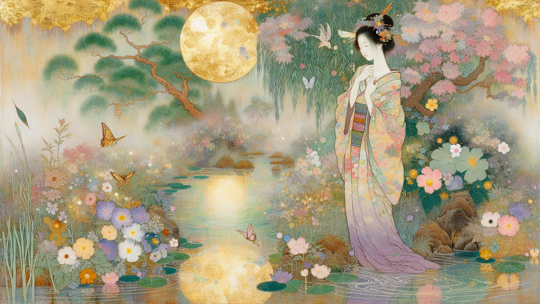 Woman in Kimono by Tranquil Pond Under Moonlight