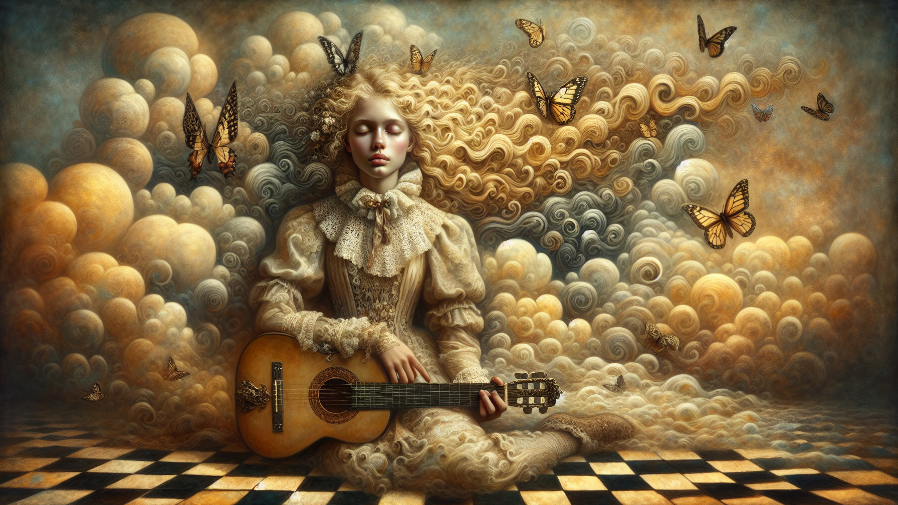 Ethereal Figure with Guitar Amidst Dreamlike Clouds
