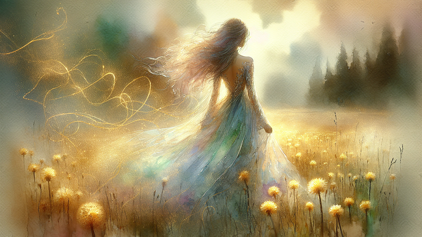 Ethereal Figure in Dandelion Field at Dawn