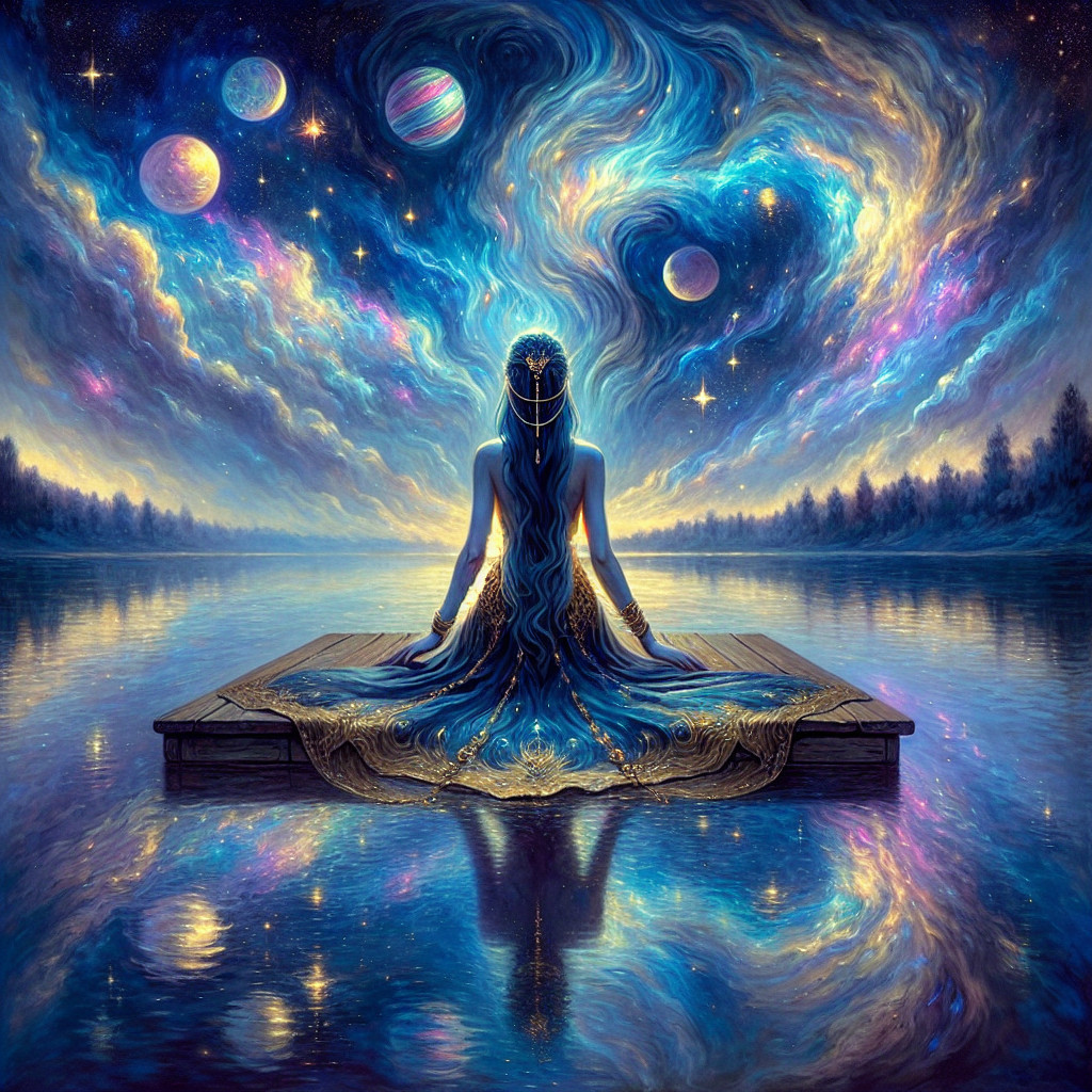 Mystical Scene of Figure by Cosmic Waterscape