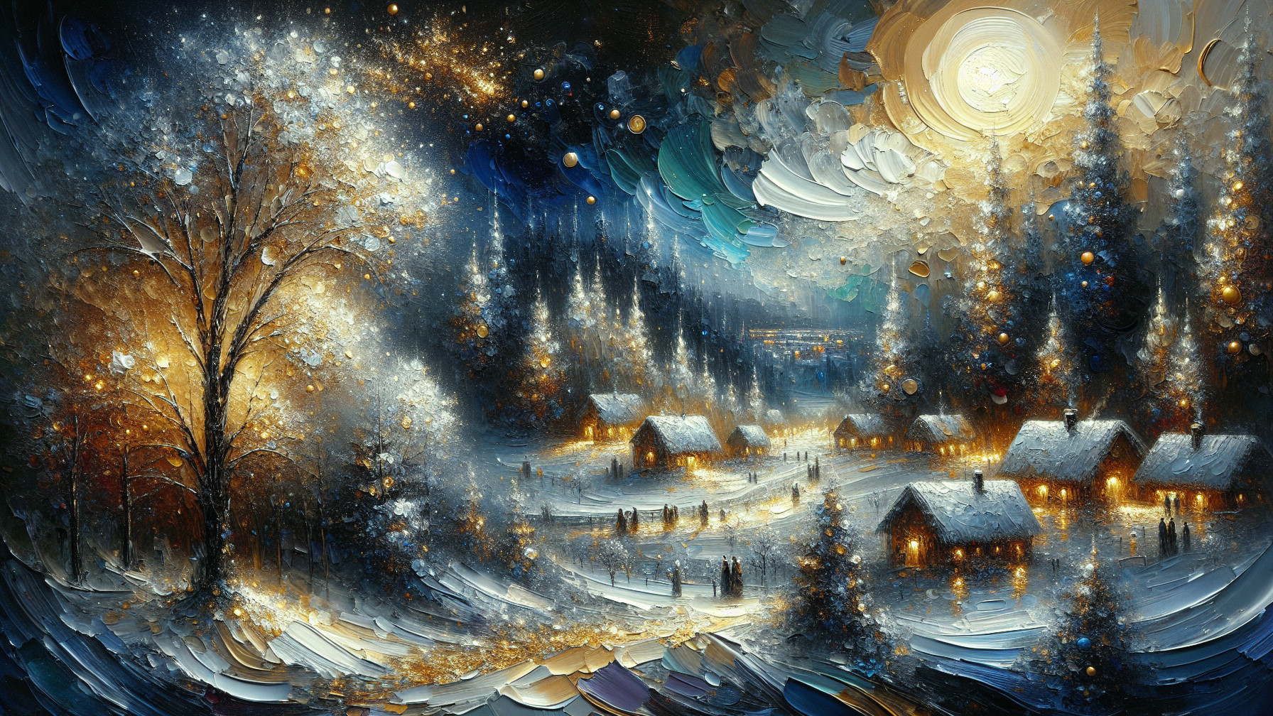 Winter Village Night Scene with Celestial Elements