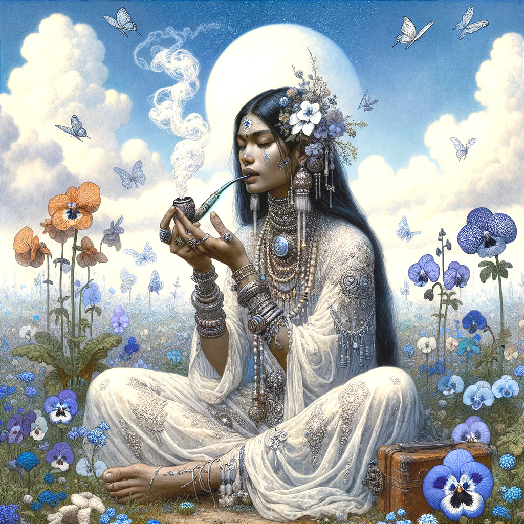 Serene Figure in Vibrant Garden with Ethereal Elements