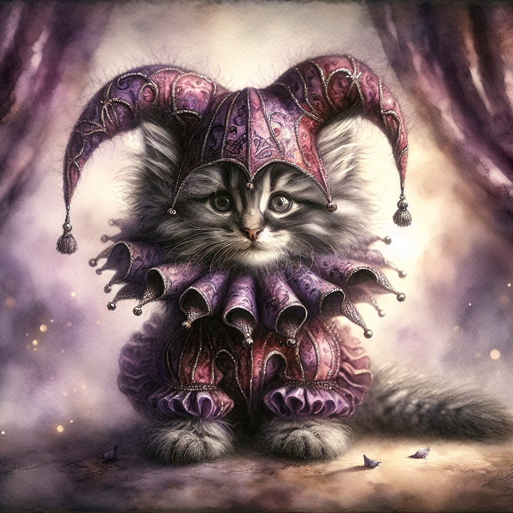 Whimsical Cat in Jester Outfit with Purple and Gold
