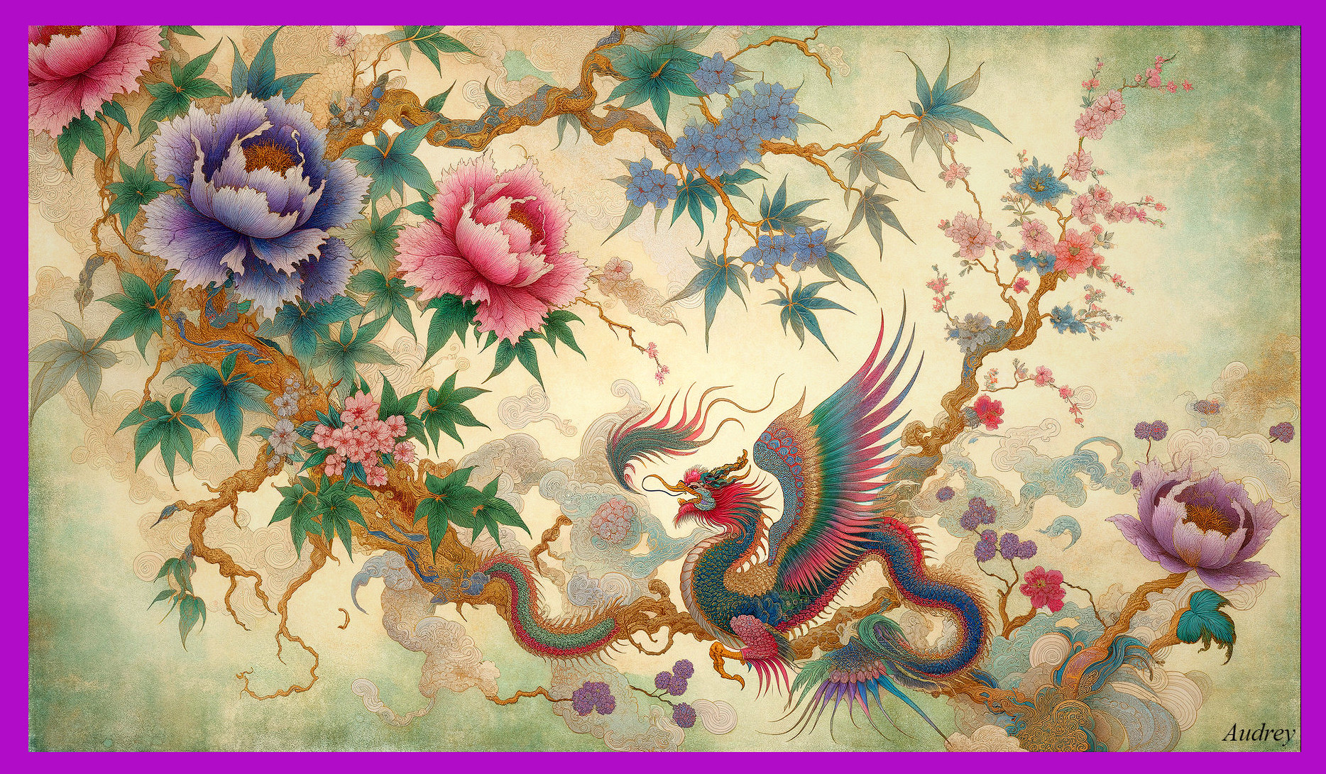 Intricate dragon among colorful peonies and blossoms