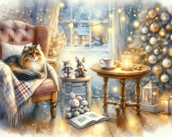 Cozy Winter Scene with Cat, Blanket, and Christmas Tree