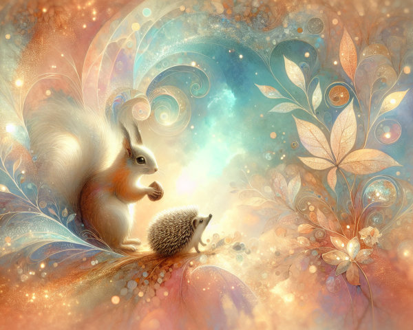 Pastel Landscape with Playful Squirrel and Hedgehog