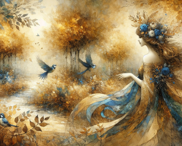 Serene landscape with a woman by a flowing river