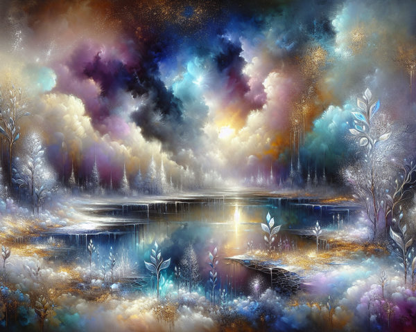 Vibrant Ethereal Landscape with Reflective Water and Trees