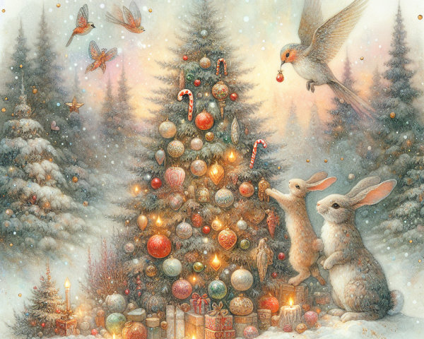 Whimsical Watercolor of Christmas Tree with Bunnies
