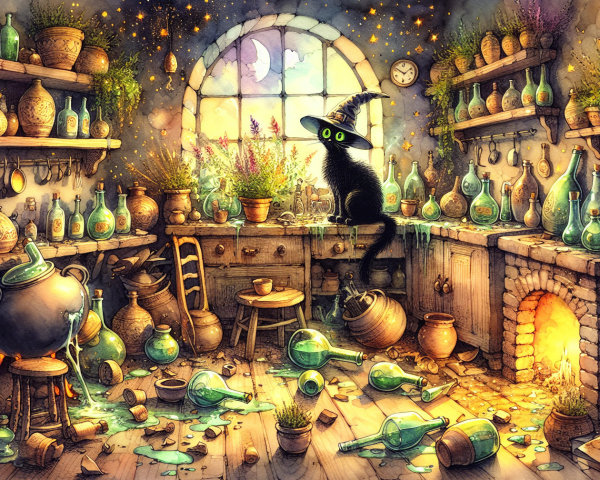 Whimsical Potion Room with Black Cat and Glass Bottles