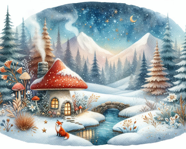 Cozy Cottage in Snowy Mountains with Starry Sky