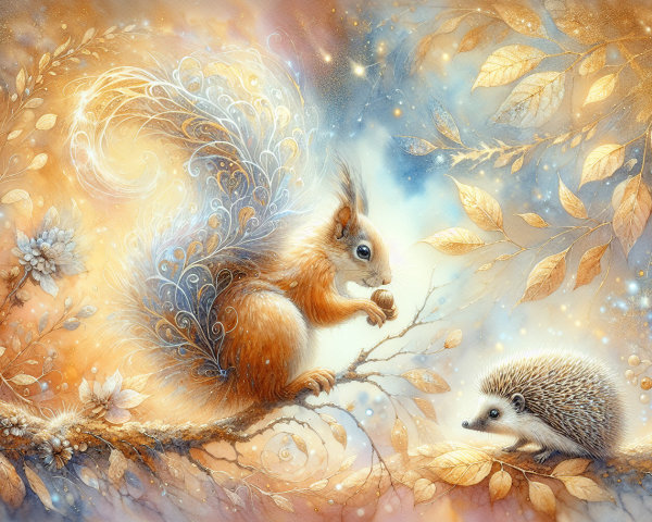 Vibrant Squirrel and Hedgehog on a Branch Scene
