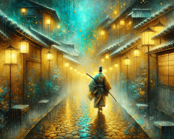 Solitary Figure Walking in Misty Lantern-Lit Alley