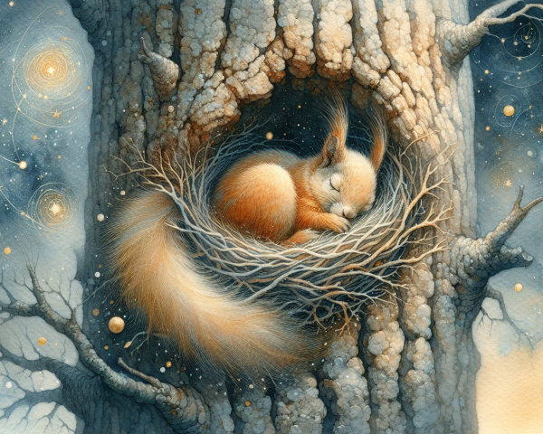 Dreamy Squirrel Nest in an Ancient Tree at Night