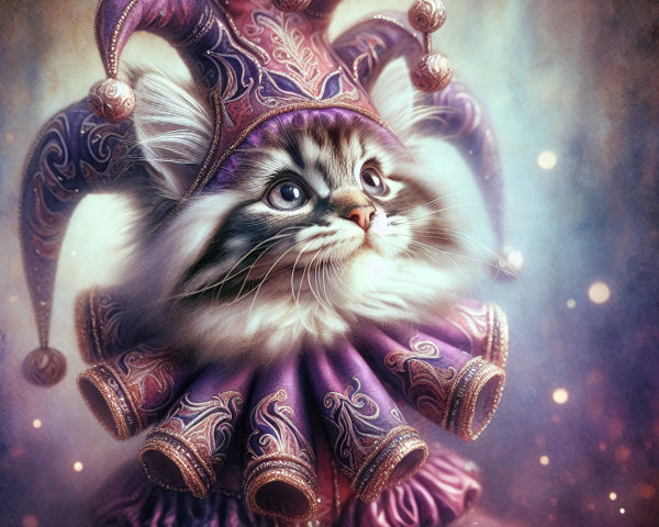 Whimsical Cat in Colorful Jester Costume with Bells
