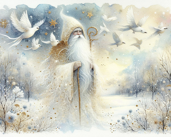 Majestic Wizard in a Magical Winter Wonderland Painting