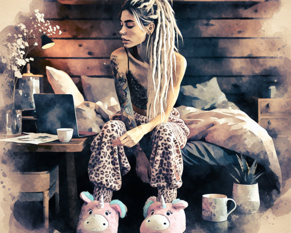 Young woman with dreadlocks sitting on a bed scene