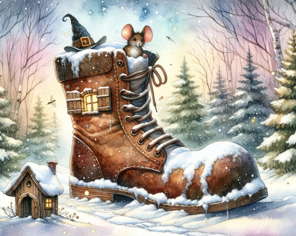 Whimsical Winter Landscape with Snow-Covered Boot