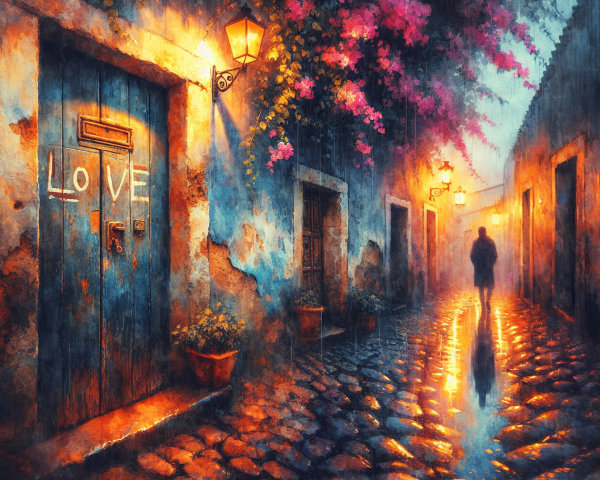 Twilight Street Scene with Bougainvillea and Lanterns
