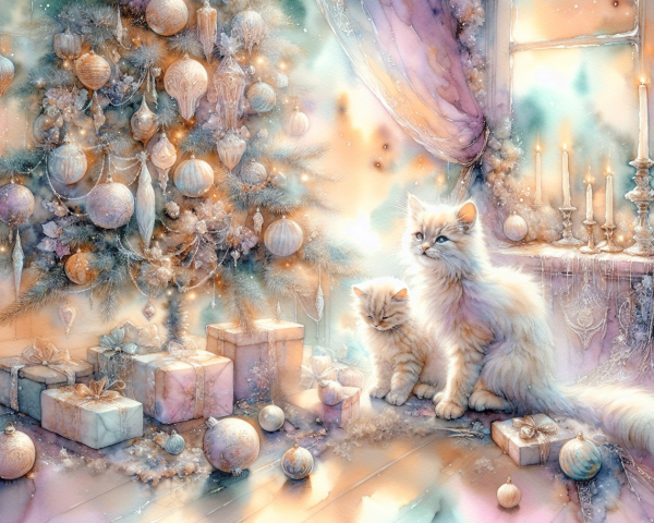 Watercolor Christmas Tree with Cats and Candles