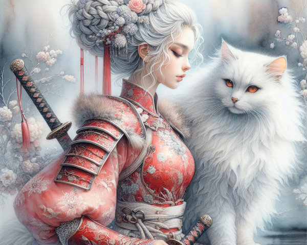 Young Woman in Traditional Attire with White Cat
