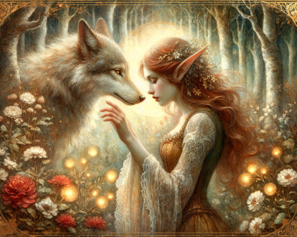 Enchanted Forest Scene with Elven Woman and Wolf