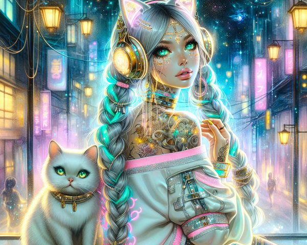 Futuristic Cityscape with Stylish Woman and Cat