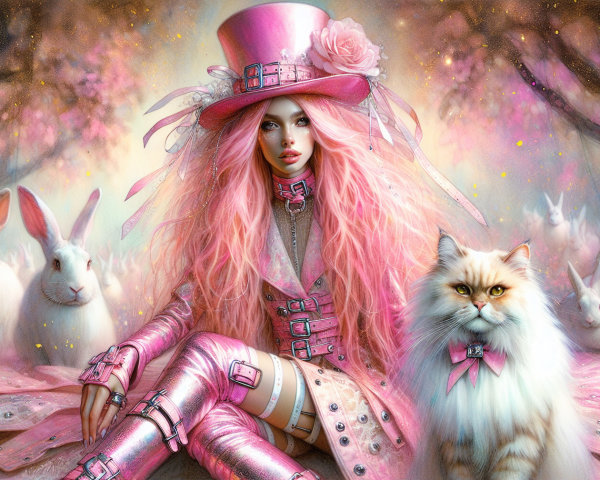 Whimsical Scene with Pink-Haired Figure and Animals