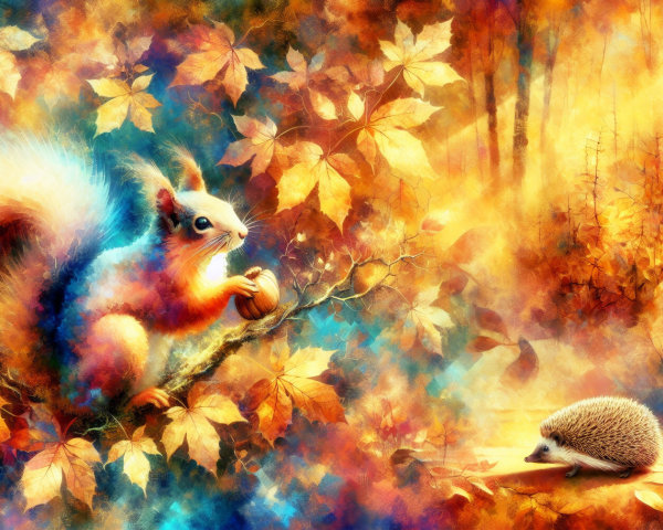 Autumn Landscape with Squirrel and Hedgehog Details