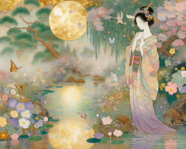 Woman in Kimono by Tranquil Pond Under Moonlight