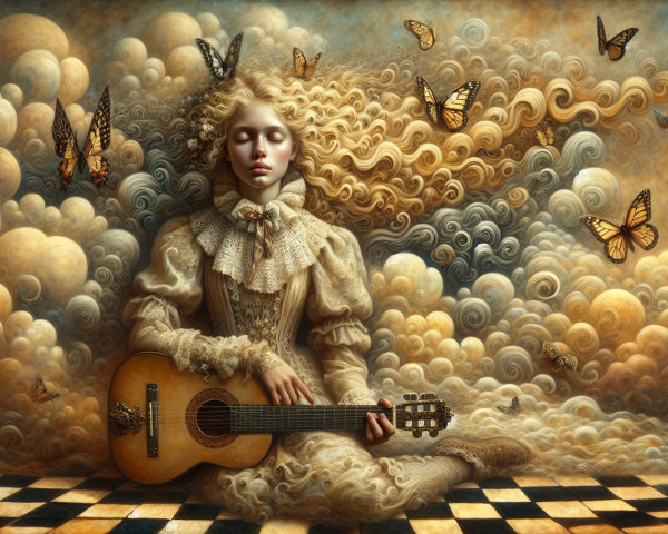 Ethereal Figure with Guitar Amidst Dreamlike Clouds