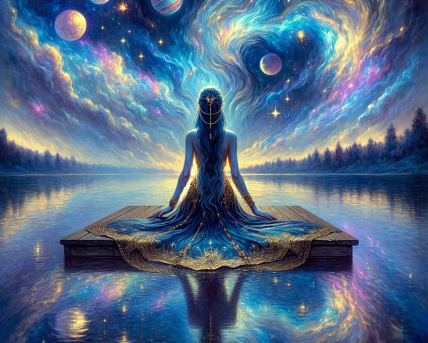 Mystical Scene of Figure by Cosmic Waterscape