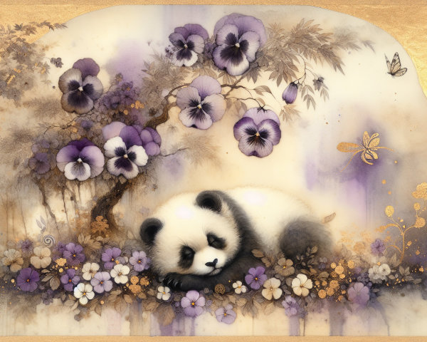 Panda Surrounded by Purple and White Pansies