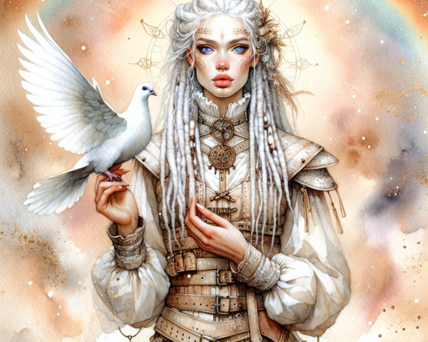 Serene woman with braided hair and dove in vintage outfit