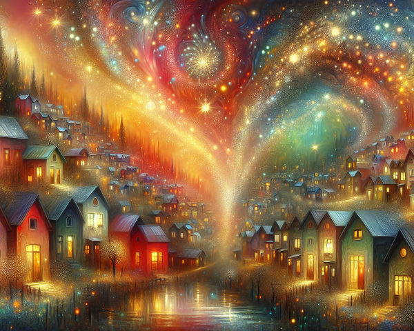 Whimsical Landscape with Colorful Houses and Waterway