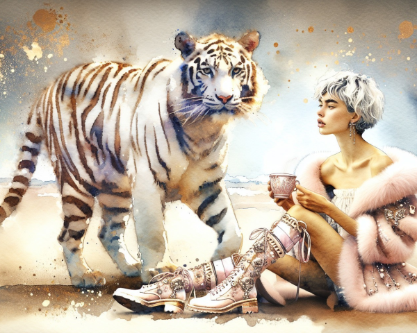 Fashionable Woman with Tiger in Soft Watercolor Art