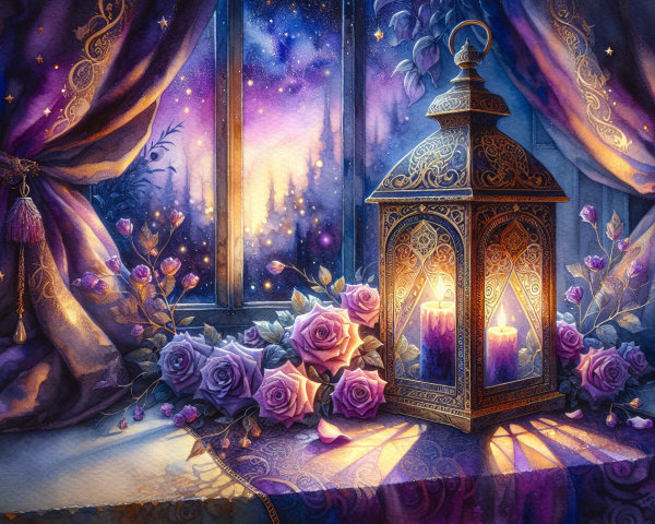 Lantern and Purple Roses Against Starry Night Sky