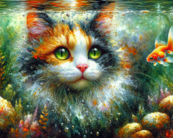 Colorful Underwater Scene with Cat and Goldfish