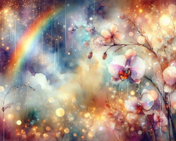 Vibrant Watercolor Orchids with Rainbow and Clouds