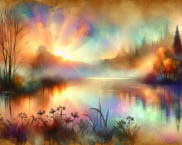 Vibrant Dawn Landscape with Serene Lake and Flowers
