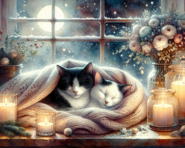 Cozy Room with Cats, Moonlight, and Candles