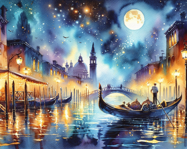 Nighttime Venetian Canal Scene with Moonlight and Lanterns
