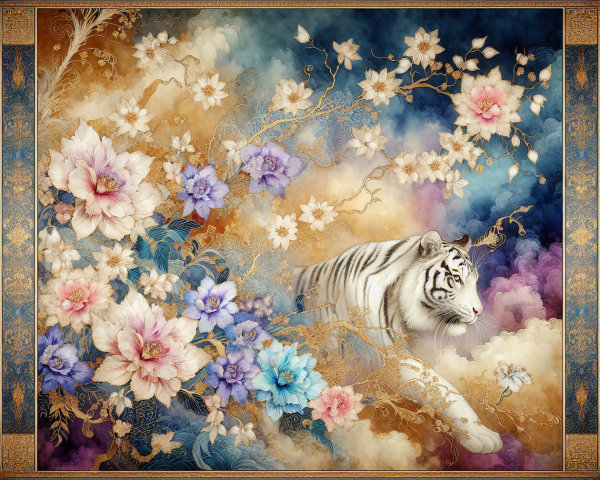 White Tiger in Blooming Flower Scene with Clouds