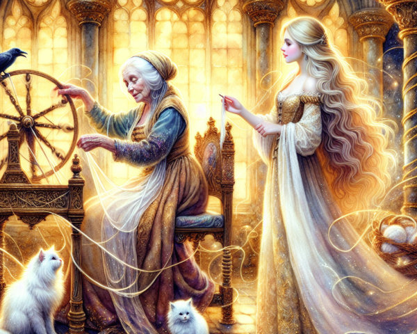 Elderly Woman Spinning Threads in Gothic Setting
