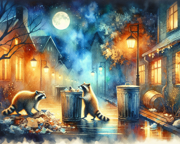 Moonlit Alley with Raccoons and Cozy Atmosphere