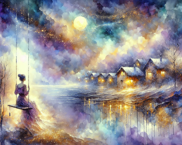 Dreamy Landscape with Swing by Shimmering Lake