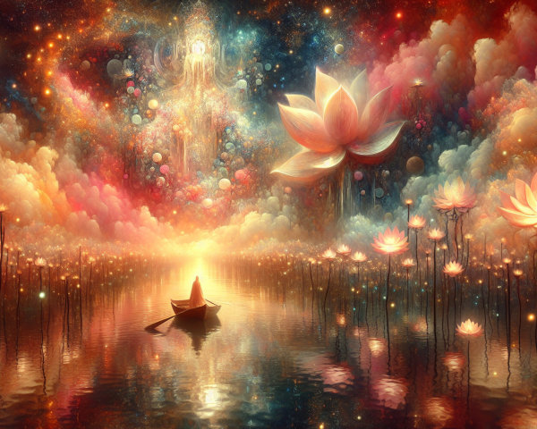 Mystical Landscape with Boat on Tranquil Lake