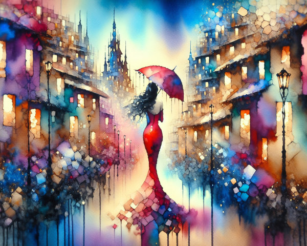 Watercolor Scene of Woman in Red Dress and Umbrella